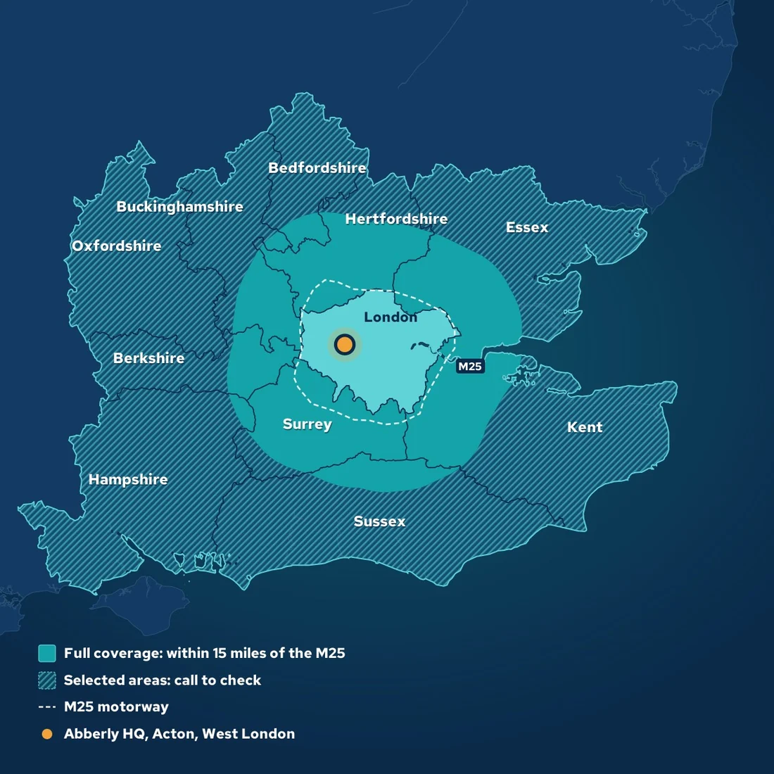 Map of South East England showing full coverage across London and about 15 miles beyond the M25, with selected areas across the Home Counties.
